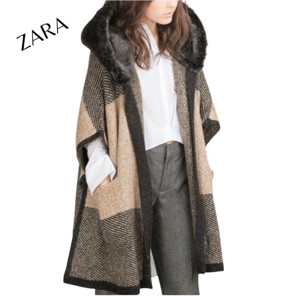 Zara Knit Faux Fur Hood Oversized Zip Up Cozy Poncho Style Coat Size S To Xl